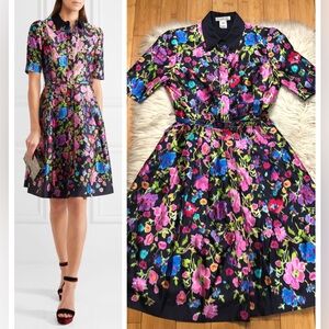 Oscar de la Renta Taffeta Fit & Flare Multicolor Floral Silk Blend Midi Dress 0